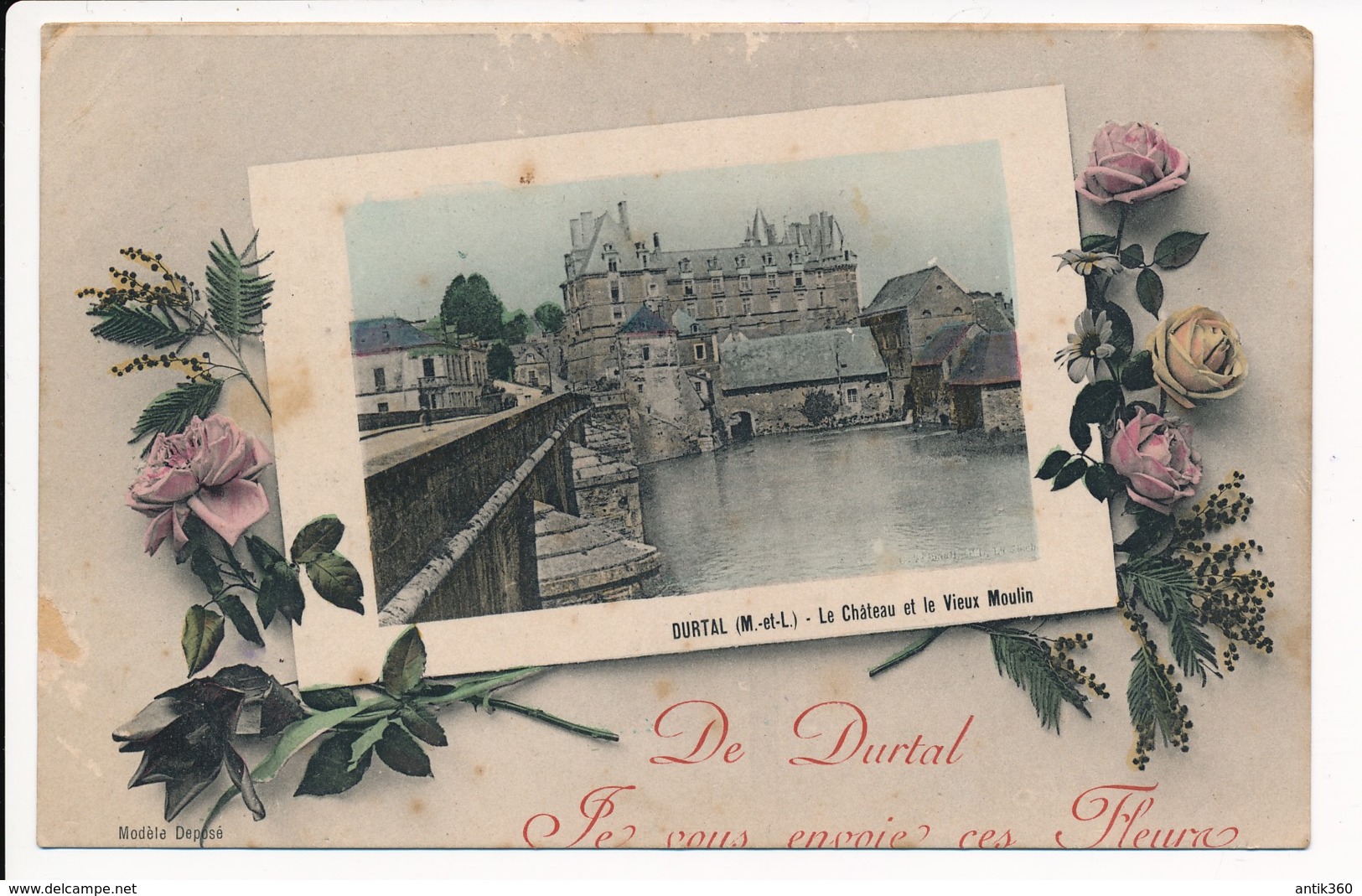 CPA 49 Carte Rare De DURTAL Je Vous Envoie Ces Fleurs Château Et Vieux Moulin - Durtal