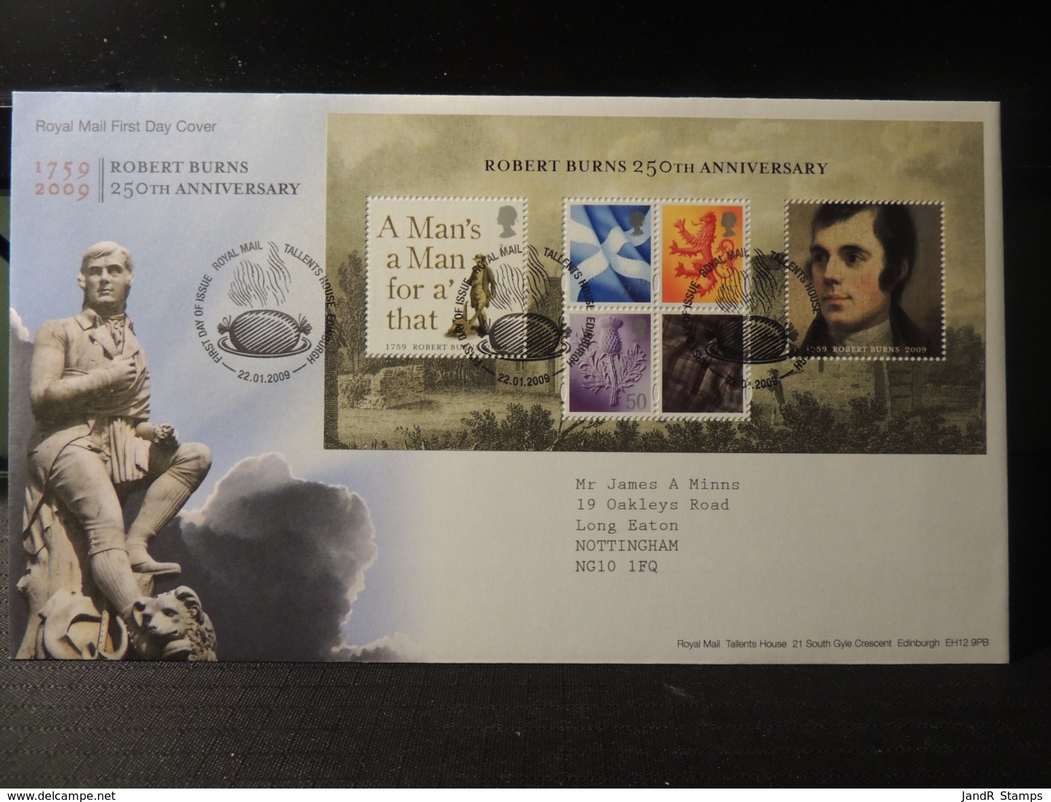 GB 2009 FDC - MS Robert Burns Tallents Postmark  Literature Personalities Dragon Thistle - 1991-2000 Decimal Issues