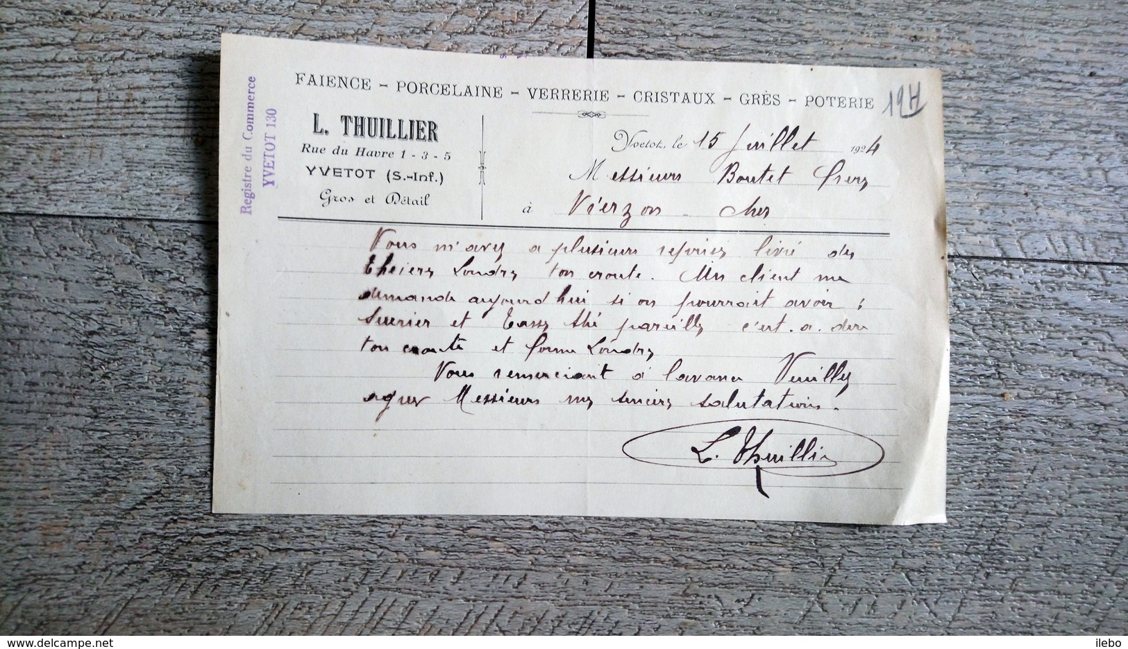 Facture Document  Thuillier Faience Porcelaine Rue Du Havre Yvetot 1924 - 1900 – 1949