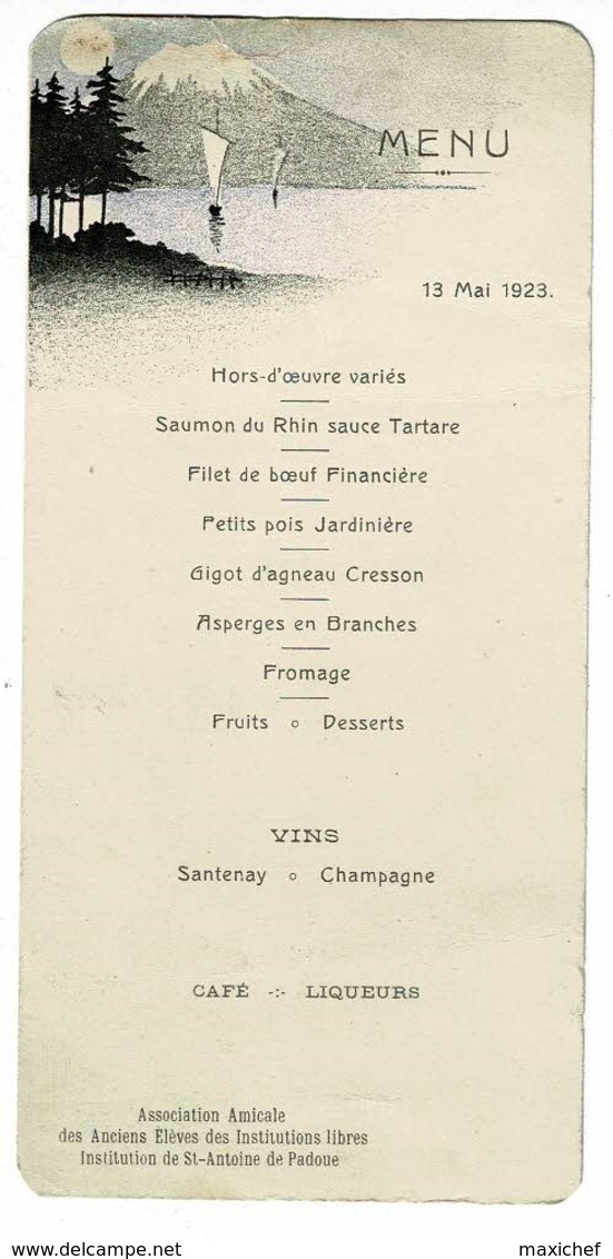 Menu Illustré, Format 78 X 163 Mm - Du 13 Mai 1923 "Association Amicale De Anciens Elèves Institution St Antoine Padoue - Menus