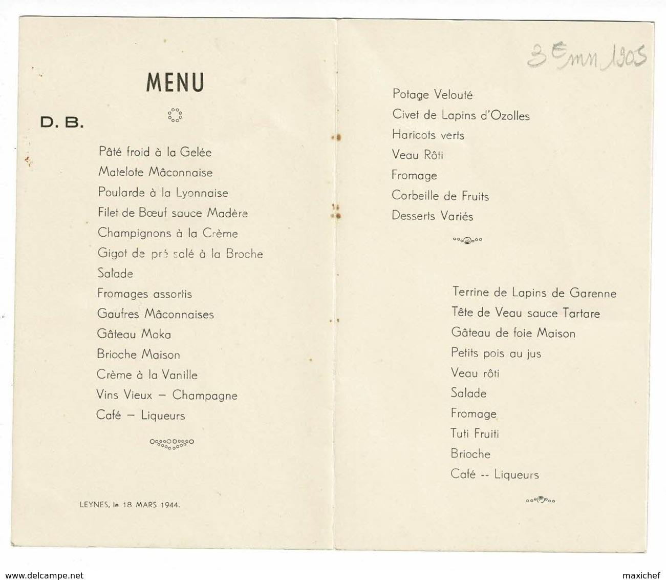 Menu Illustré, Format 190 X 160 Mm Ouvert - Leynes (71) Le 18 Mars 1944 - Menus