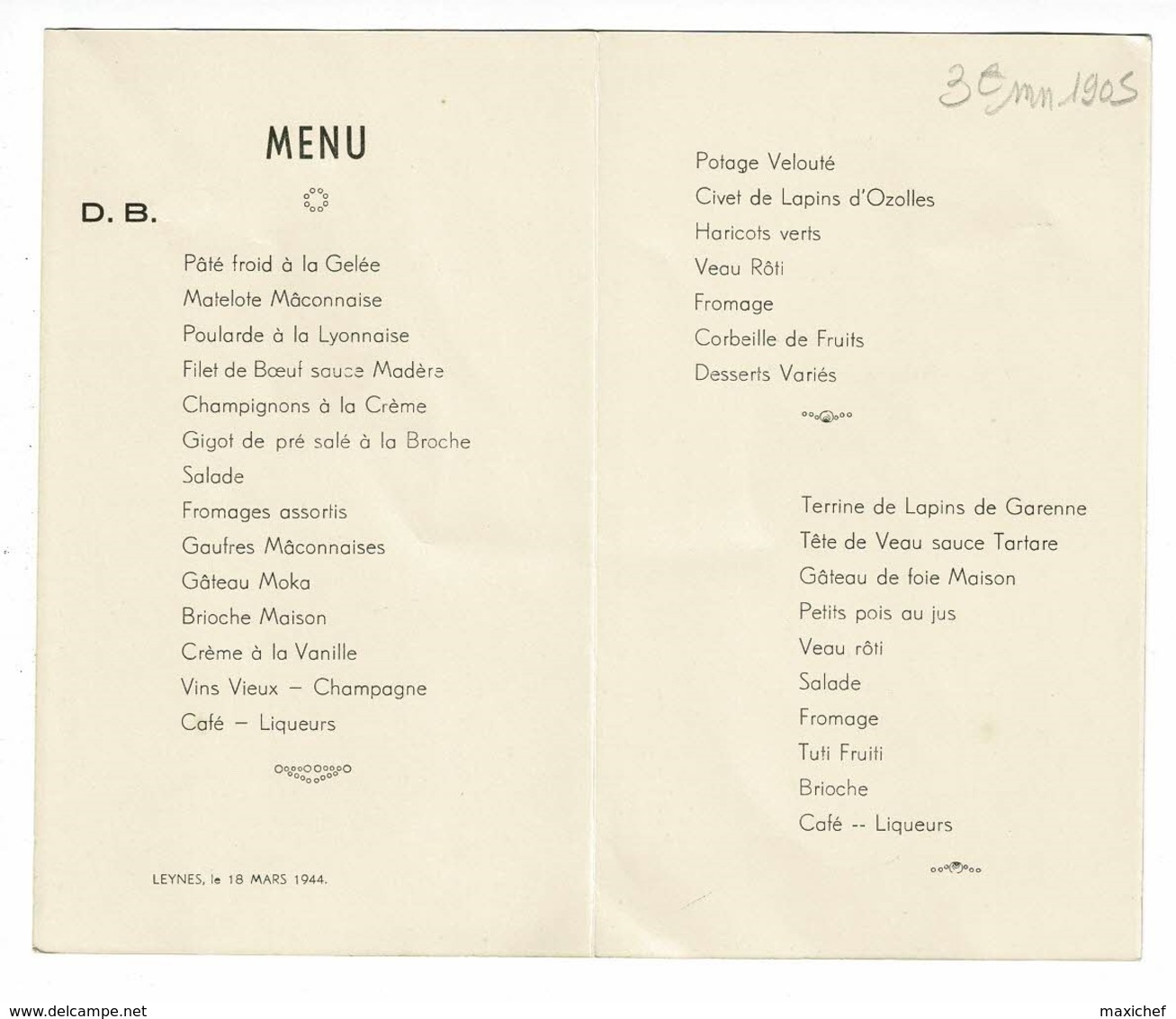 Menu Illustré, Format 190 X 160 Mm Ouvert - Leynes (71) Le 18 Mars 1944 - Menükarten