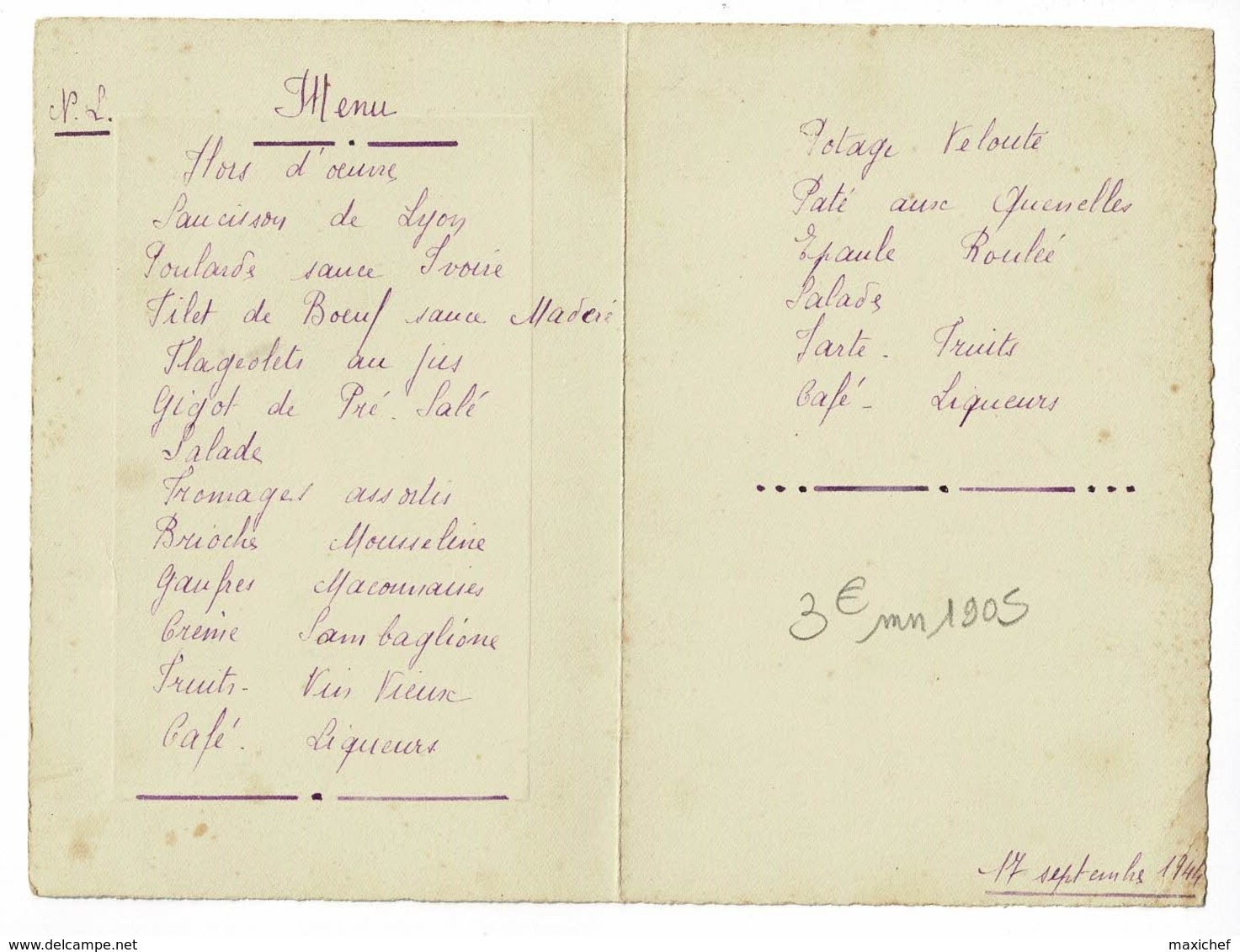 Menu Illustré, Format 215 X 160 Mm Ouvert - Igé(71) Le 16 Septembre 1944, Manuscrit - Menus