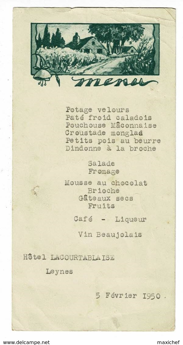 Menu Illustré "Hôtel Lacourtablaise, Leynes (71) Du 5 Février 1950 - Menus