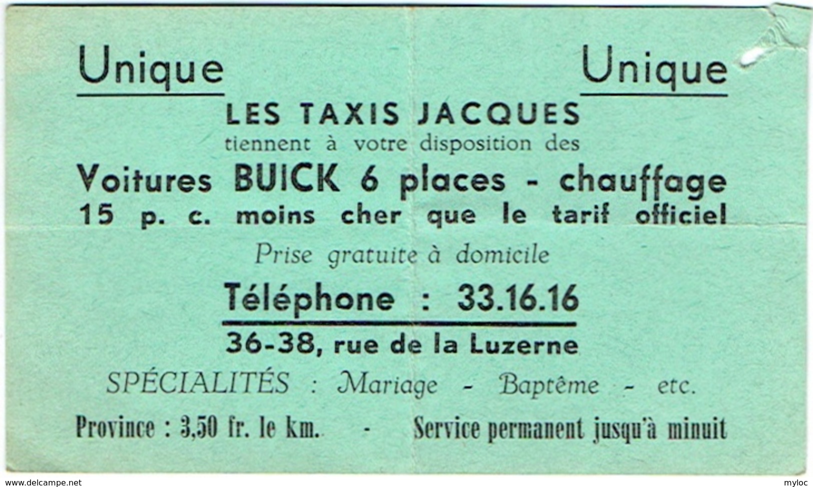 Carte Visite. Publicité. Taxis Jacques. Voitures Buick 6 Places. Schaerbeek, Rue De La Luzerne. - Cartes De Visite