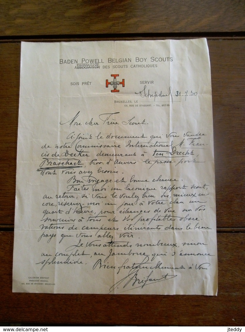 Oude Brief   Baden Powell Belgian Boy Scouts     1930 SCHEPDAEL  Gesigneerd  Door Voorzitter - Scoutisme