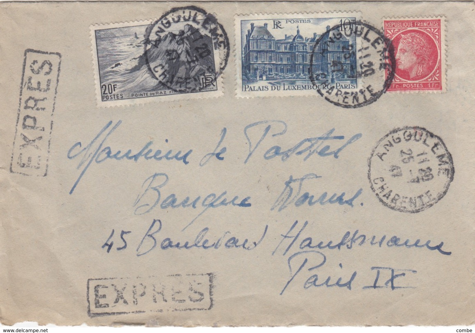 LETTRE  EXPRES. 1947. 31F. ANGOULEME POUR PARIS  /  4 - 1921-1960: Période Moderne