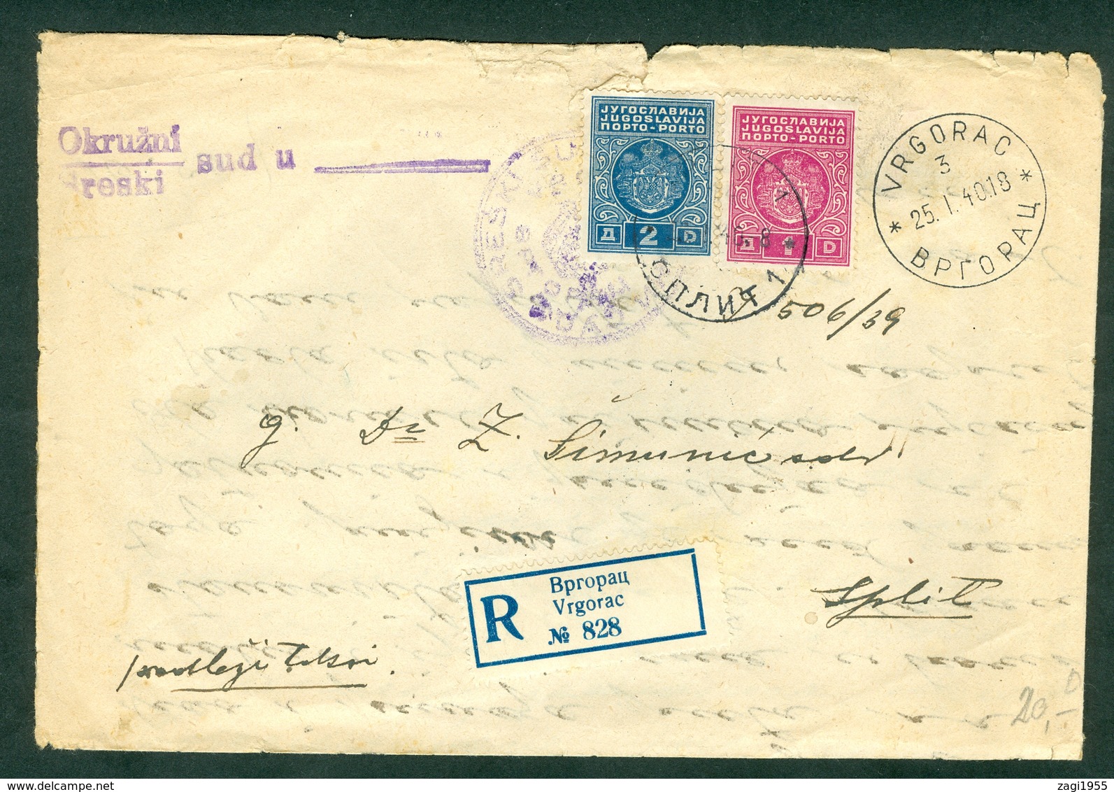 Yugoslavia 1940 Court Letter Sent From Vrgorac To Split With No Postage Porto Payed Letter Cover - Covers & Documents