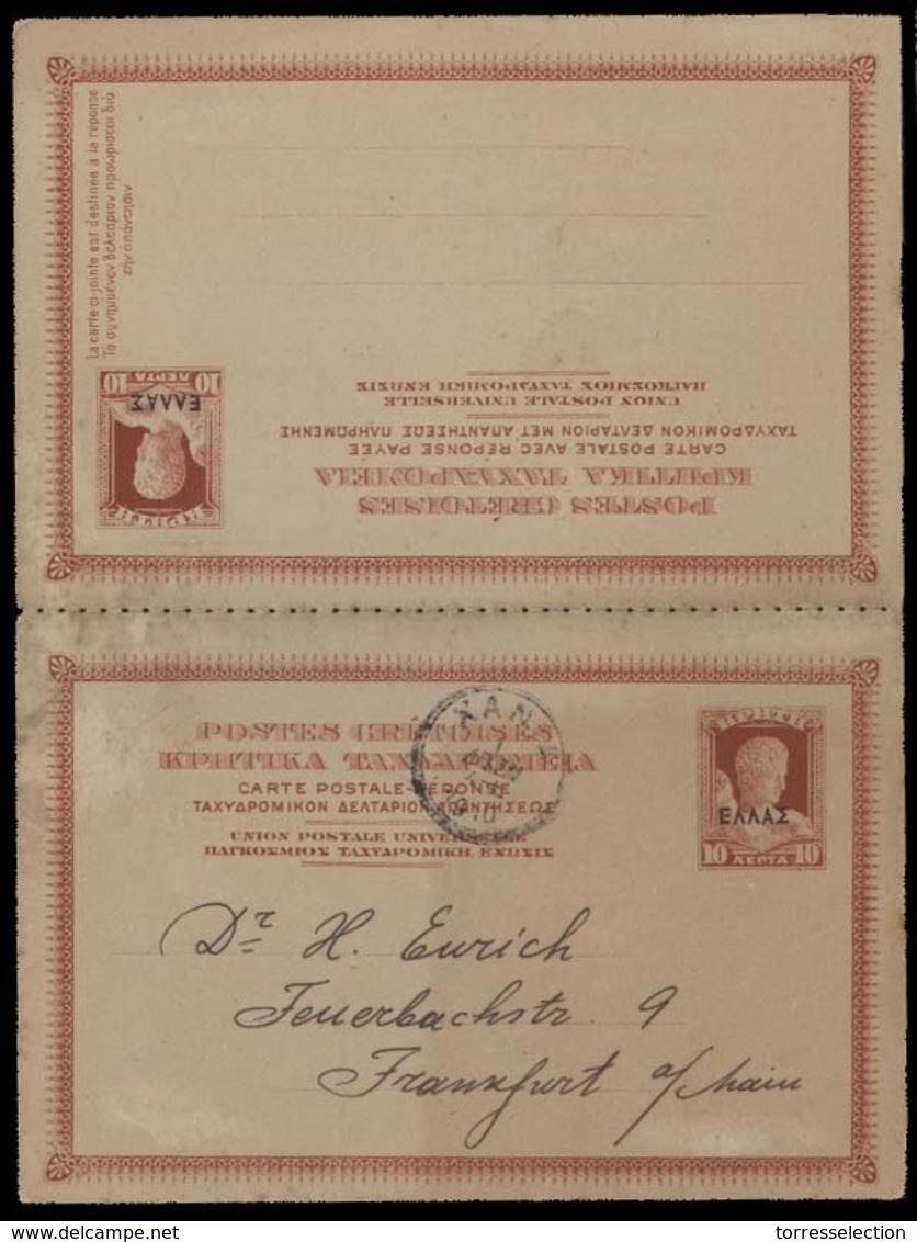 GREECE. 1910 (7 Aug). Crete Permanent Gov. Xania - Germany / Frankfurt. Fourth Issue Doble Stat Card. - Other & Unclassified