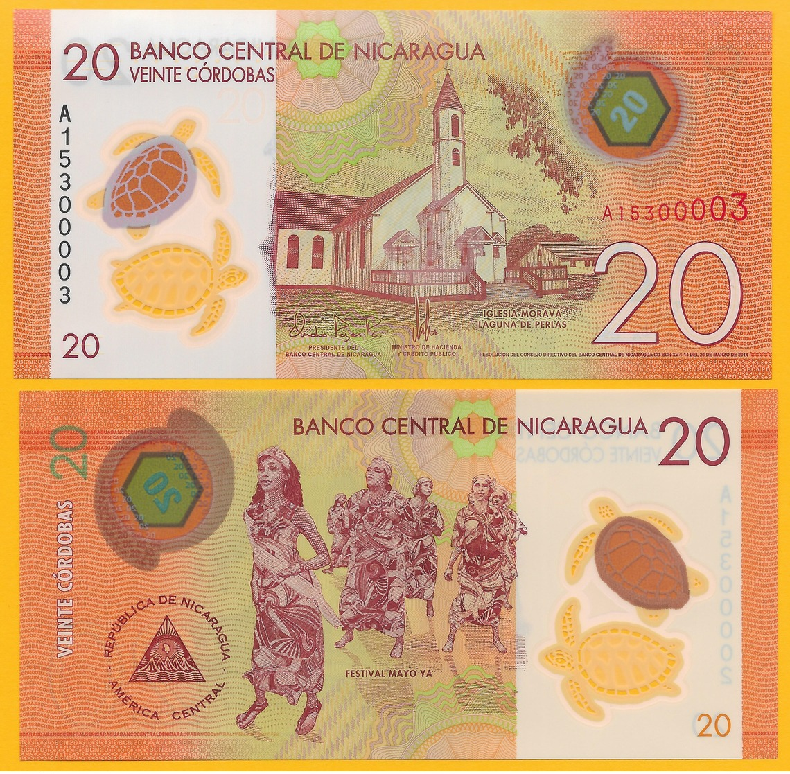 Nicaragua 20 Cordobas P-210 2014 UNC Polymer Banknote - Nicaragua