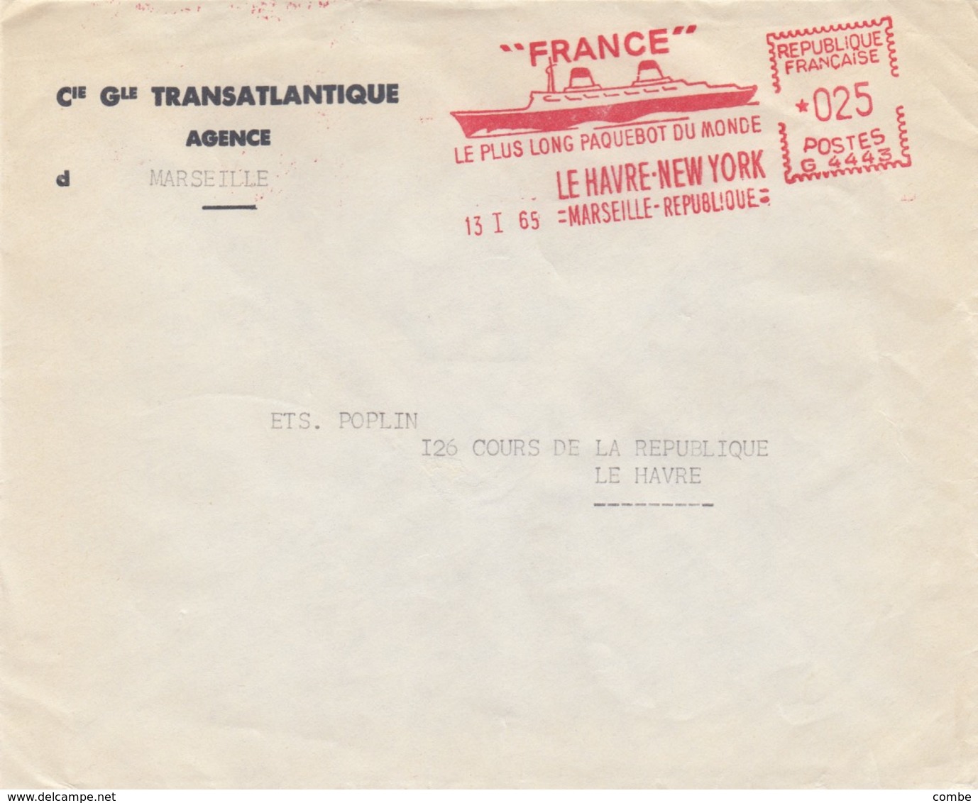 LETTRE. 1965.  EMA.  025Fr  C° GENERALE TRANSATLANTIQUE  MARSEILLE. FRANCE LE PLUS LONG PAQUEBOT DU MONDE NEW YORK  /  4 - 1961-....