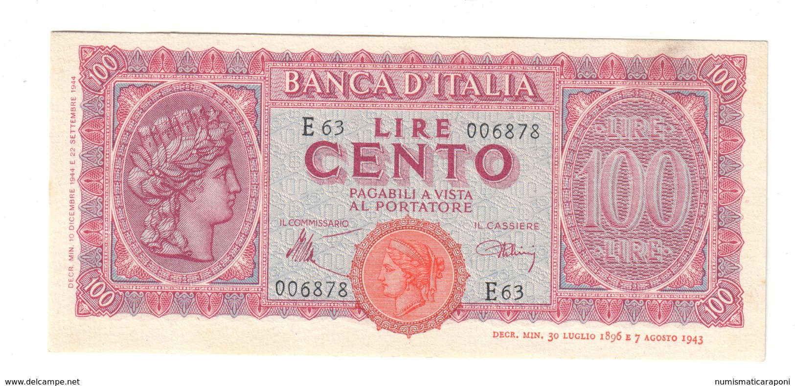 100 LIRE ITALIA TURRITA 10 12 1944 SUP/Q.FDS  LOTTO 2258 - 100 Liras