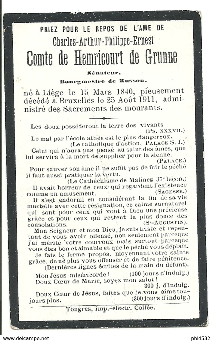 Comte De Hemricourt De Grunne 1911 Bruxelles Souvenir Pieux - Esquela