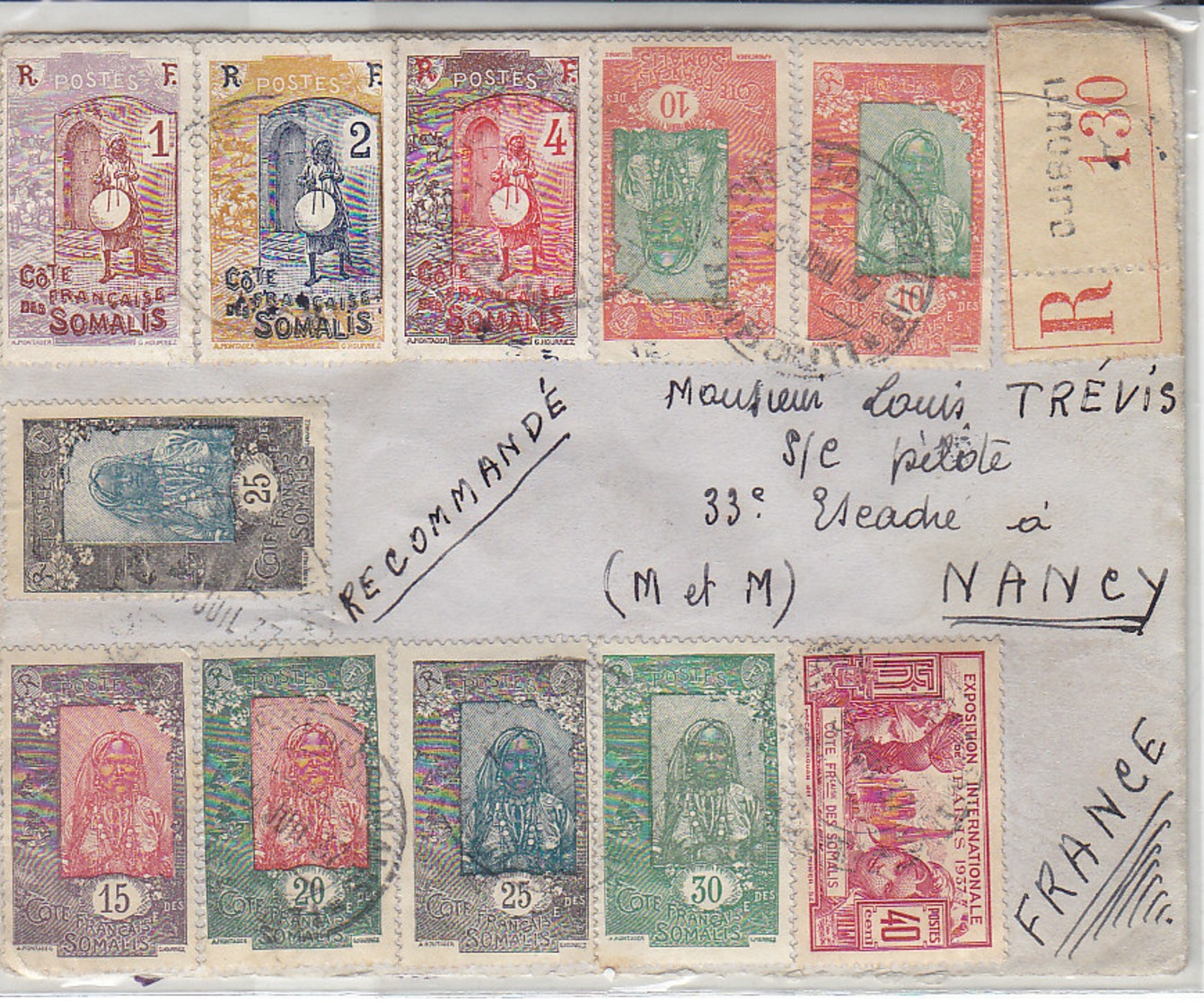 Nombreux Timbres Sur Recommandé De Djibouti Pour Nancy ,1937 ,2 Scans - Lettres & Documents