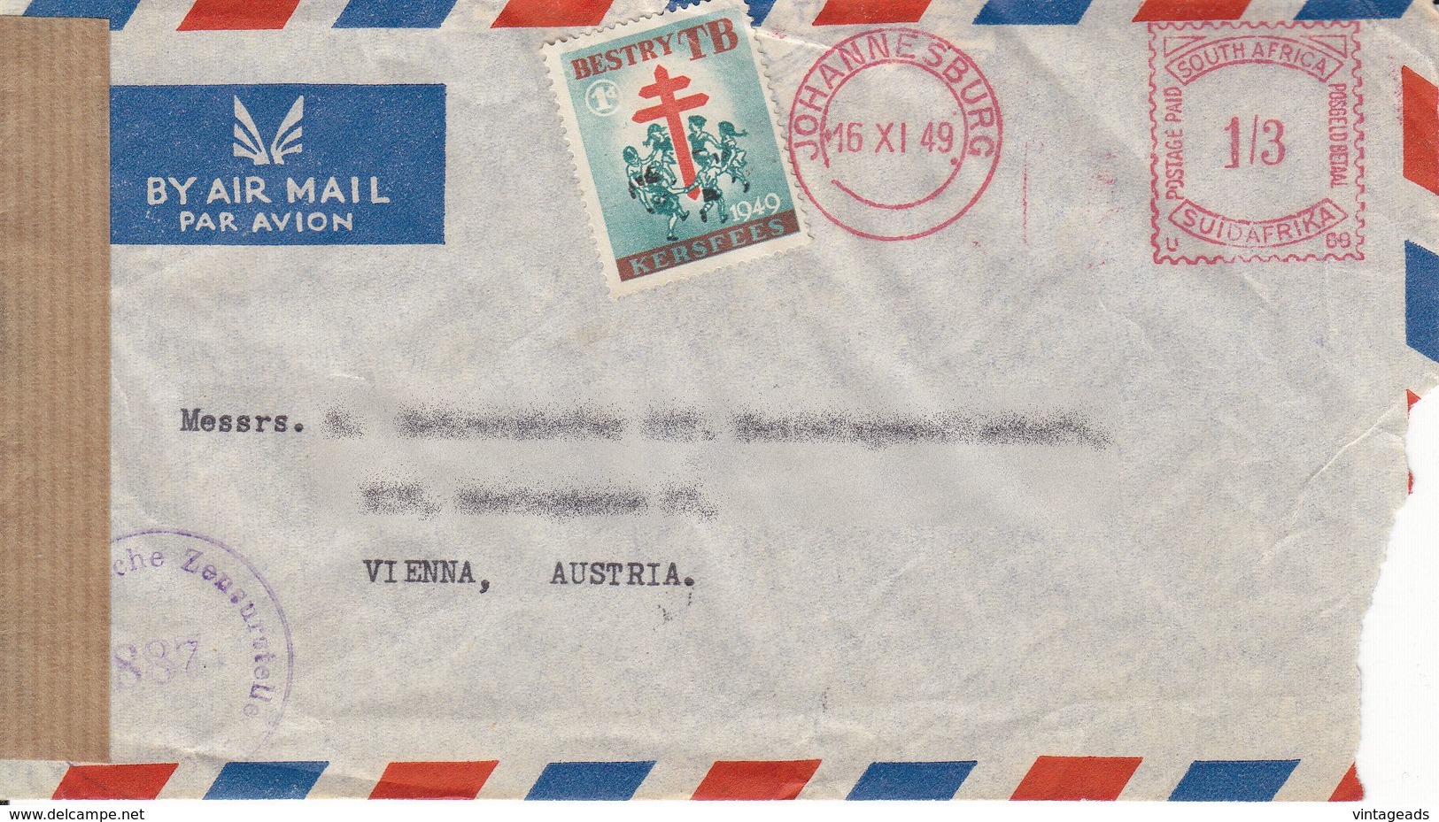 BM135 Envelope Air Mail Südafrika - Austria, Frankatur 1949, Poststempel Johannesburg 1949, Zensurstempel - Luchtpost