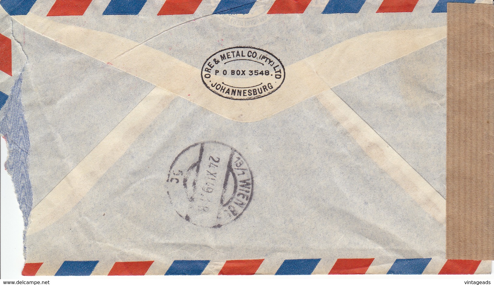 BM135 Envelope Air Mail Südafrika - Austria, Frankatur 1949, Poststempel Johannesburg 1949, Zensurstempel - Airmail