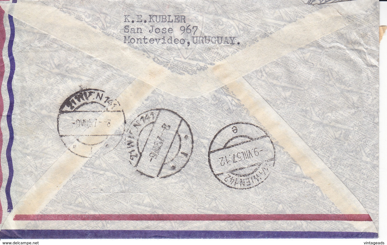 BM136 Envelope Air Mail Uruguay - Austria, 3-fach-Frankatur, 1957, Aufkleber Uruguay Exterior, Rückseitig 3 Poststempel - Uruguay