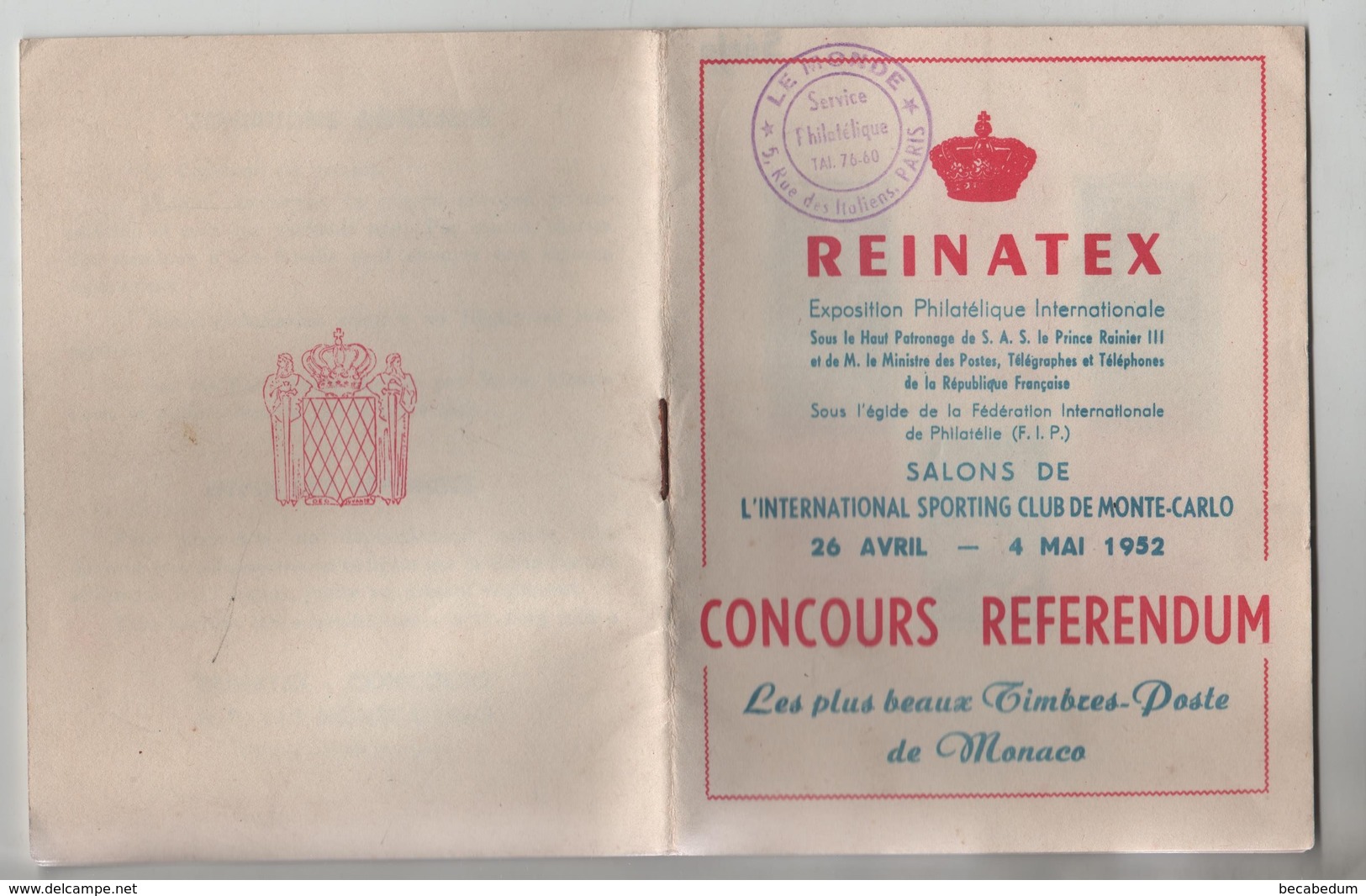 Livret Reinatex Monte Carlo 1952 Monaco Concours Référendum - Non Classés