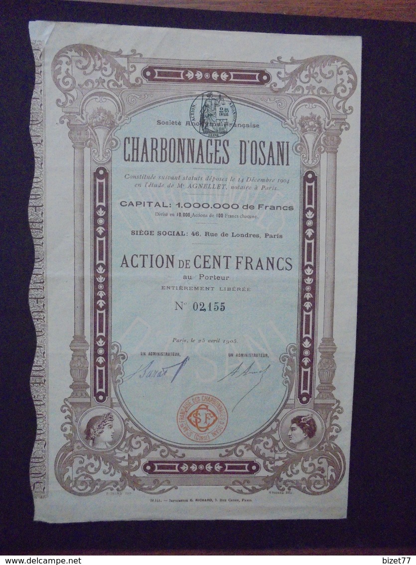 CORSE - CHARBONNAGES D'OSANI - ACTION 100 FRS - PARIS 1905 - Autres & Non Classés