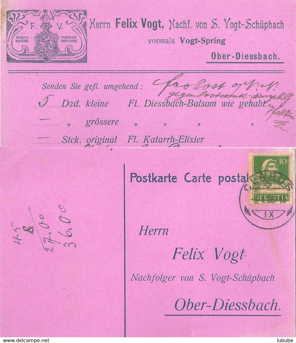 Motiv Karte  Glarus - "Vogt, Diessbach Balsam, Oberdiessbach"          1926 - Briefe U. Dokumente
