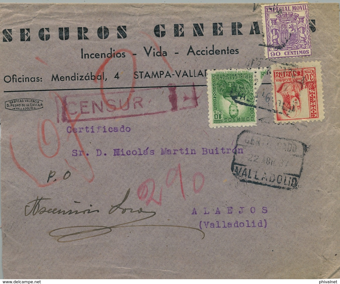 1937 , VALLADOLID , SOBRE CERTIFICADO CIRCULADO HACIA ALAEJOS , CENSURA , TIMBRE ESPECIAL MÓVIL , LLEGADA - Brieven En Documenten