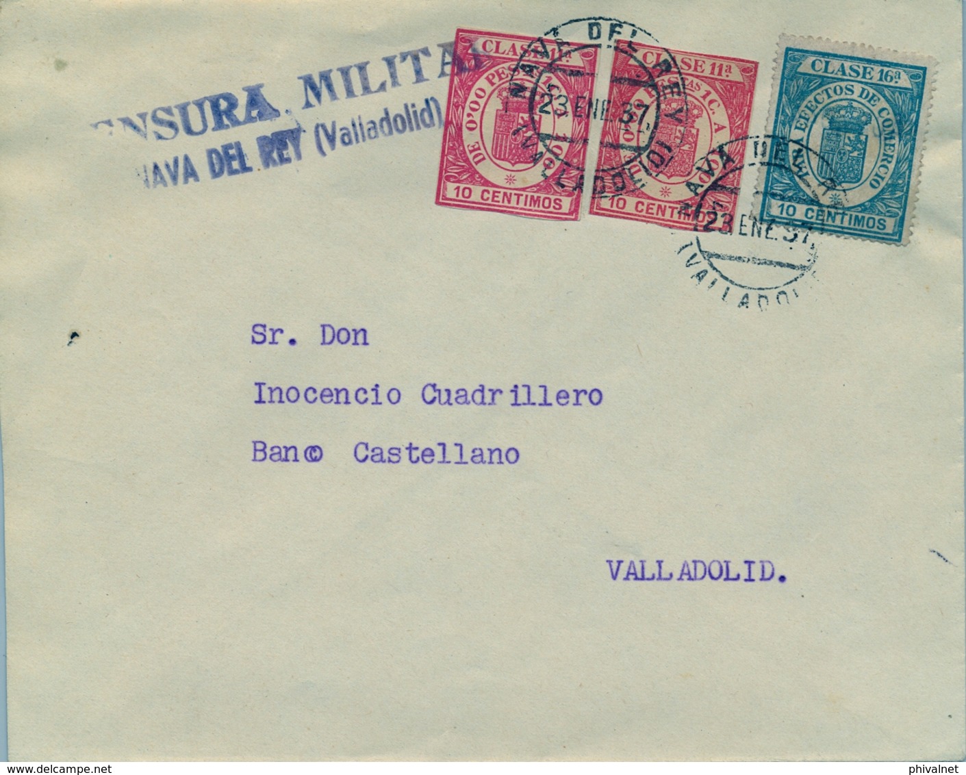 1937 , VALLADOLID , NAVA DEL REY - VALLADOLID , MARCA DE CENSURA MILITAR , RARO FRANQUEO CON TIMBRES FISCALES - Brieven En Documenten