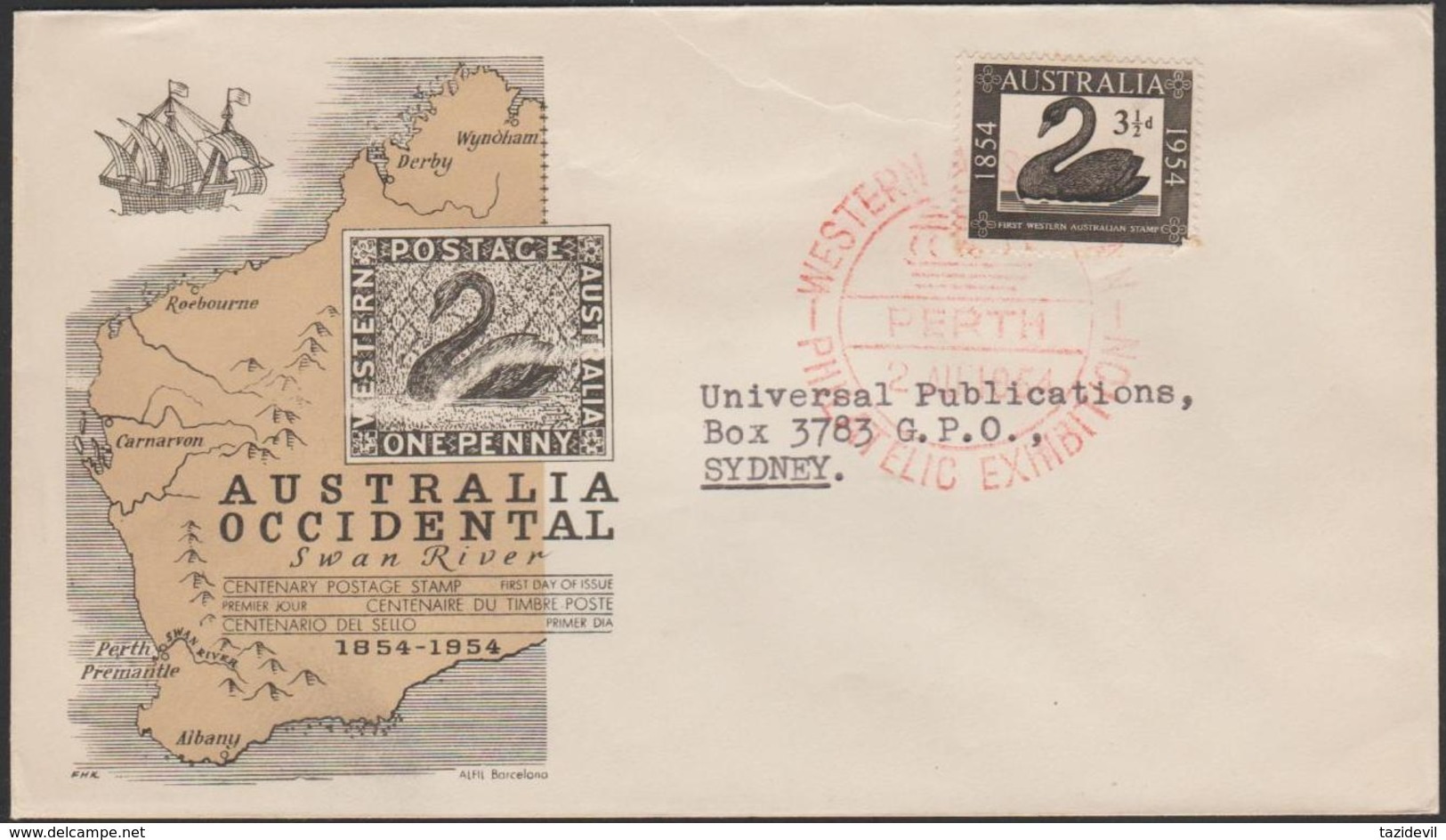 AUSTRALIA - 1954 Philatelic Exhibition Western Australia First Day Cover. Producer Alfil Barcelona. Swans, Map - Primo Giorno D'emissione (FDC)