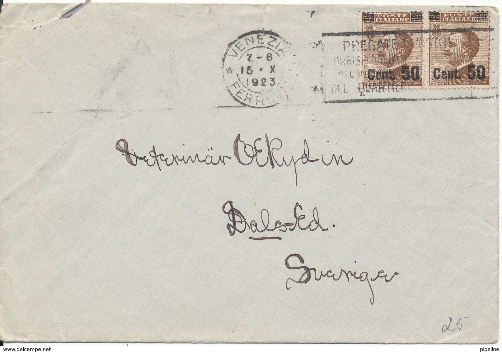 Italy Cover Sent To Sweden Venezia 15-10-1923 Overprinted Stamps - Marcophilia