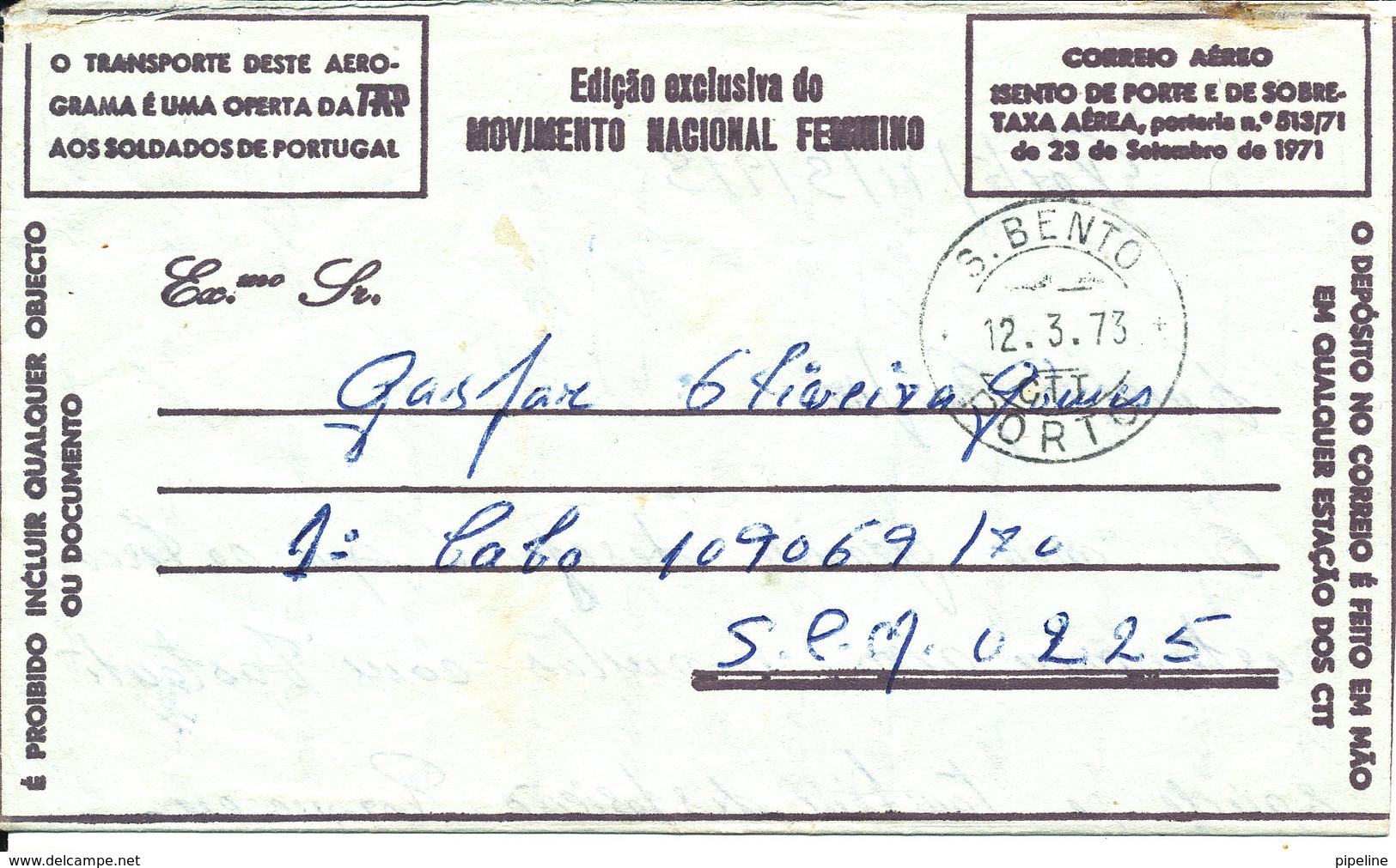 Portugal Soldier's Free Mail Aerogramme Porto 1973 - Covers & Documents