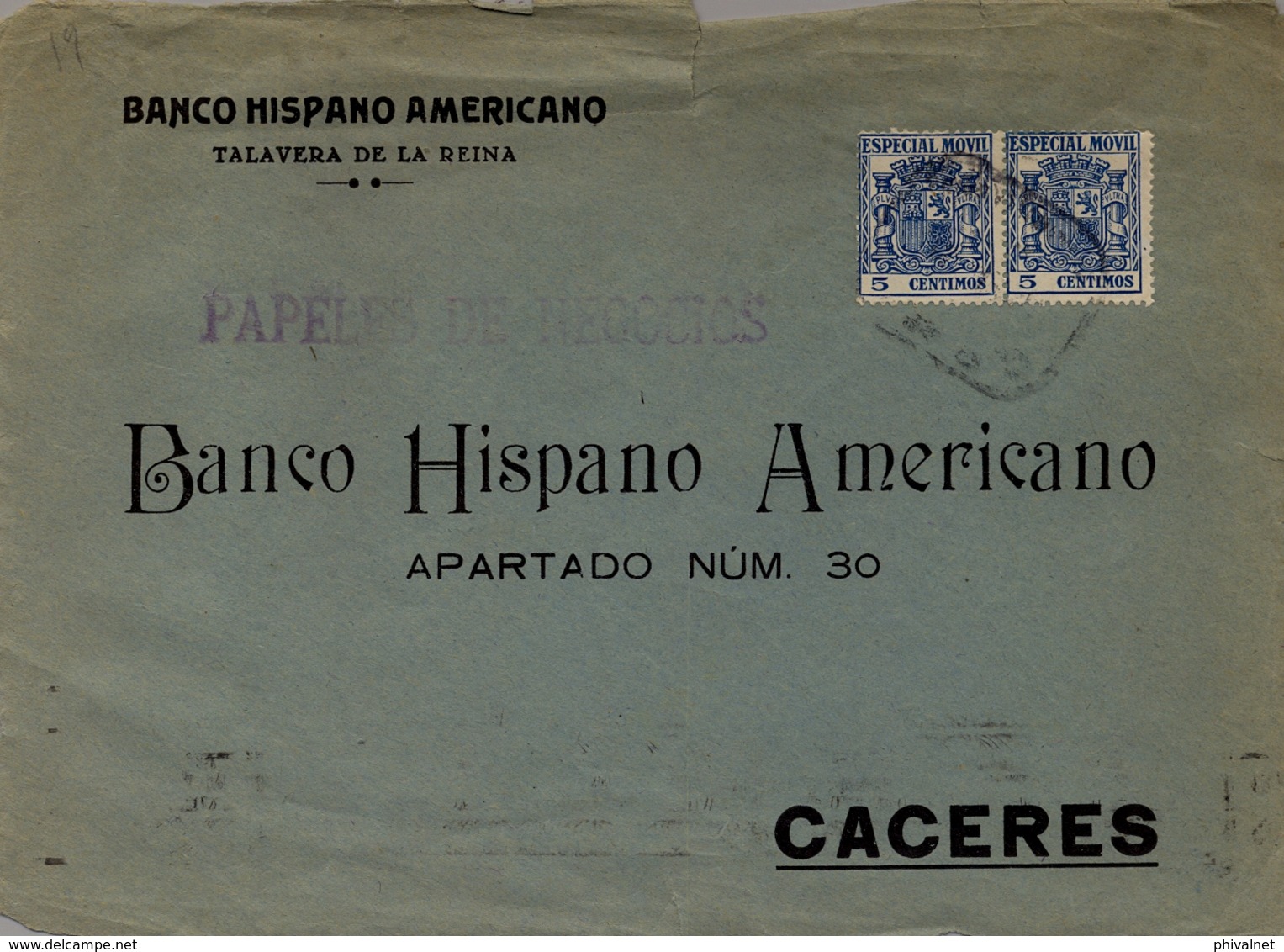 1937 , TOLEDO , FRONTAL DEL BANCO HISPANO AMERICANO DE TALAVERA DE LA REINA , FRANQUEO CON TIMBRES ESPECIAL MÓVIL - Brieven En Documenten