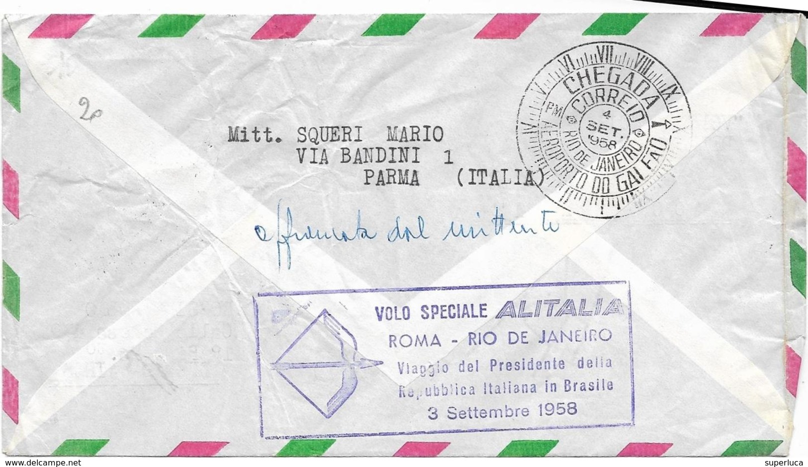 6-VOLO SPECIALE-ROMA-RIO DE JANEIRO-3 SETTEMBRE 1958 - 1946-60: Storia Postale