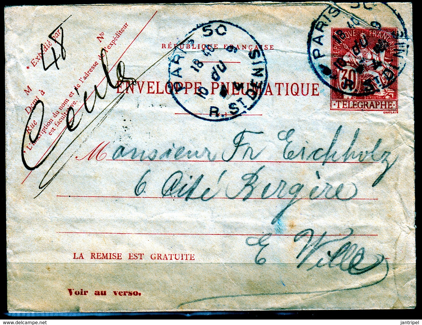 FRANCE  POSTE PNEUMATIQUE STATIONARY  30C VERY FINE USED 1904. - Andere & Zonder Classificatie