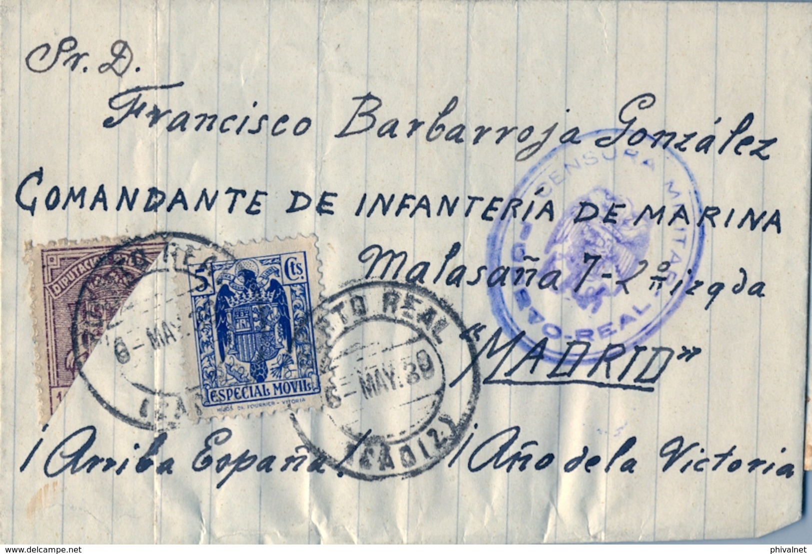 1938 , CÁDIZ , ENVUELTA CIRCULADA , PUERTO REAL - MADRID , CENSURA MILITAR , FISCALES , ESPECIAL MÓVIL , BISECTADO - Brieven En Documenten