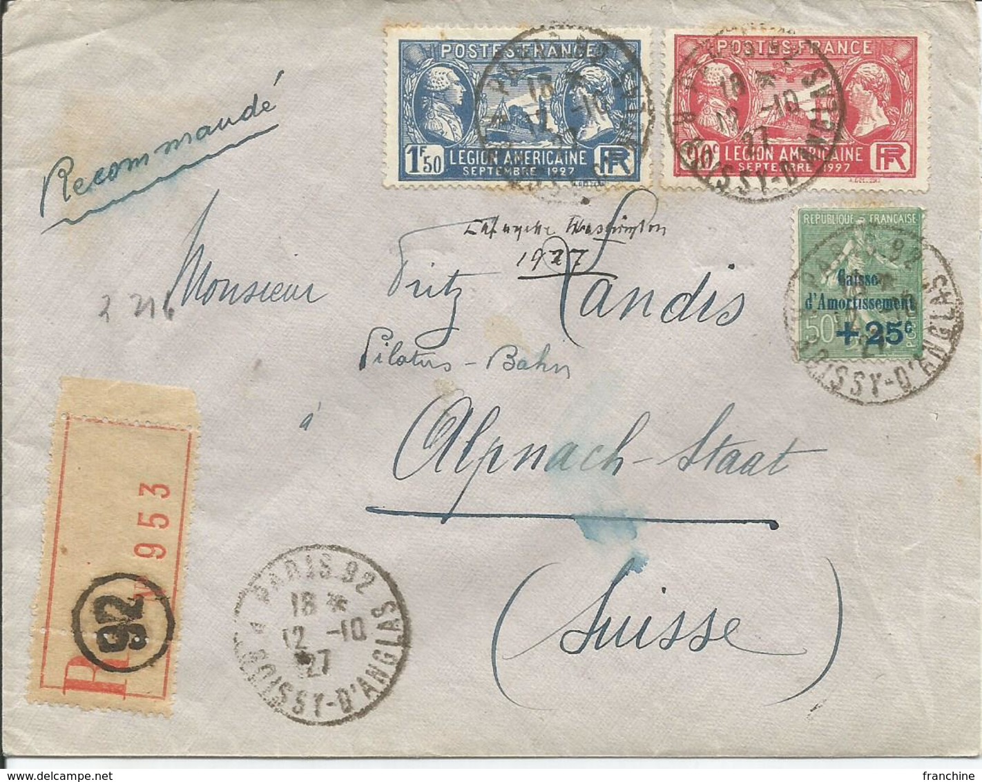 1927 - N° 244 Et 245 + 247  Oblitérés (o) Sur Lettre RECOMMANDEE - PARIS/SUISSE - Lettres & Documents