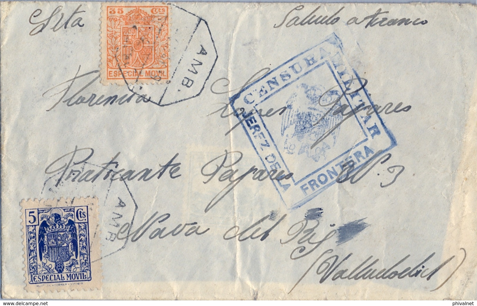 1939 , CÁDIZ , SOBRE CIRCULADO , JEREZ DE LA FRONTERA - NAVA DEL REY , MARCA DE CENSURA , MAT. AMBULANTE SOBRE TIMBRES - Brieven En Documenten