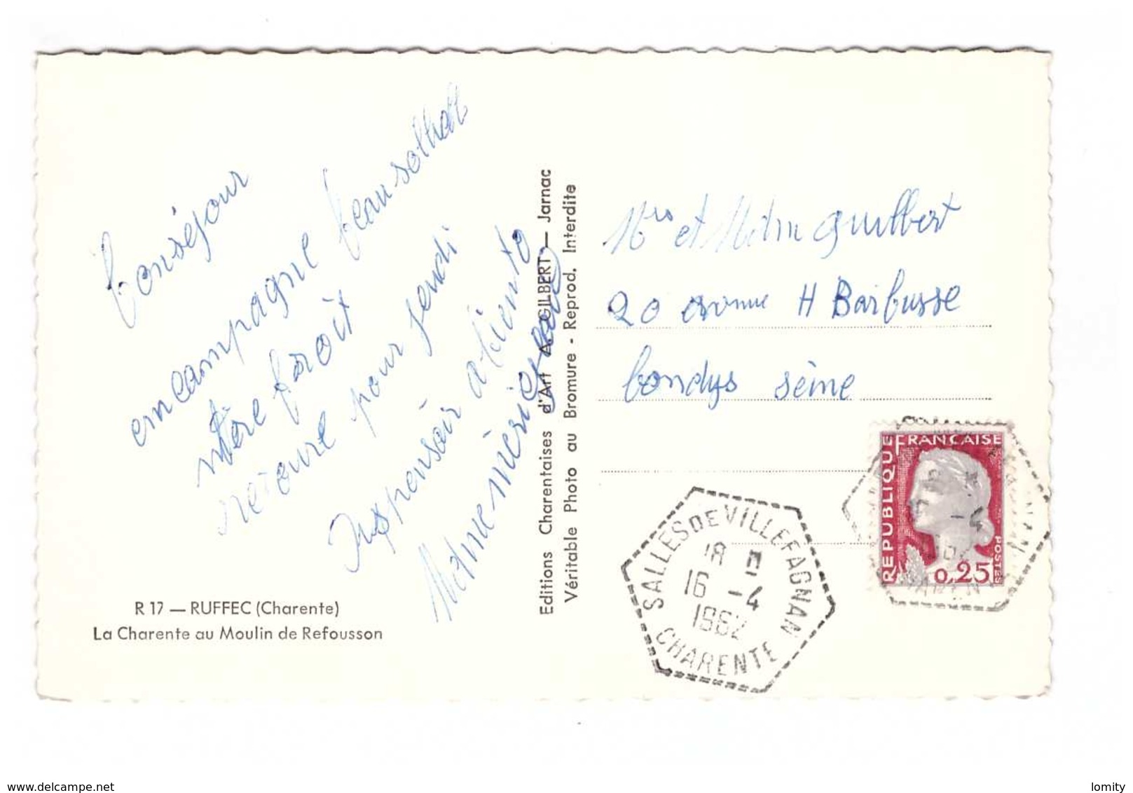 Cachet Manuel Salles De Villefagnan 1962 Charente CPSM PF Ruffec La Charente Au Moulin De Refousson - Manual Postmarks