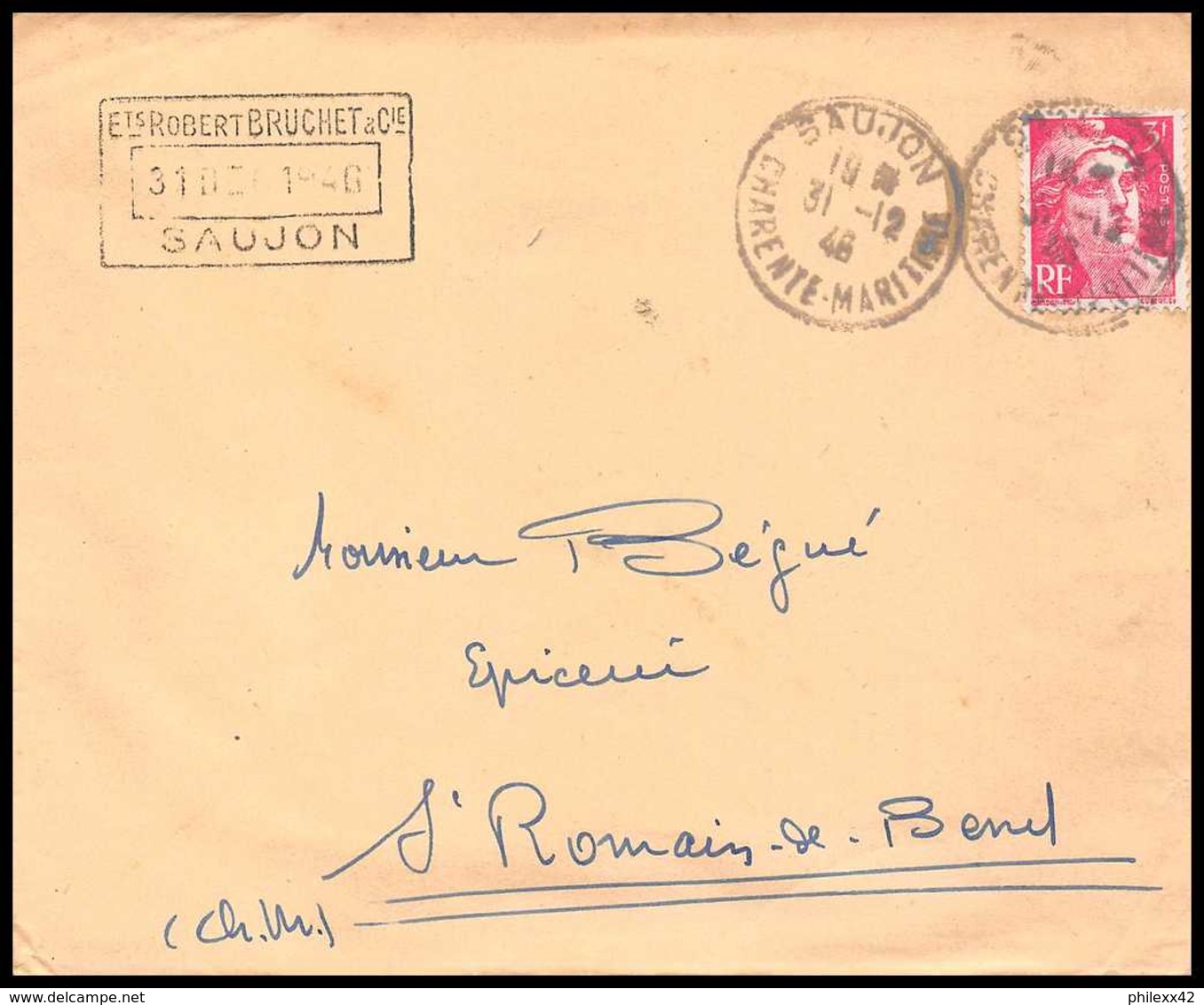 9723 N°716 3f Gandon Saujon Saint-Romain-de-Benet 1946 Charente Maritime France Lettre Cover - 1921-1960: Période Moderne