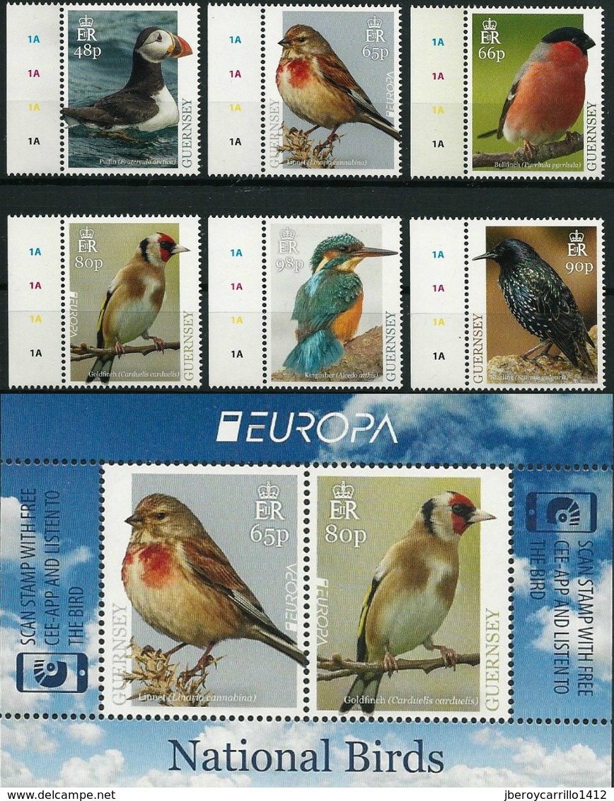 GUERNSEY - EUROPA 2019 - NATIONAL BIRDS & SYMBOLISH.- "AVES - BIRDS - VÖGEL - OISEAUX"- SERIE De 6 V.+ HOJITA BLOQUE EU - 2019