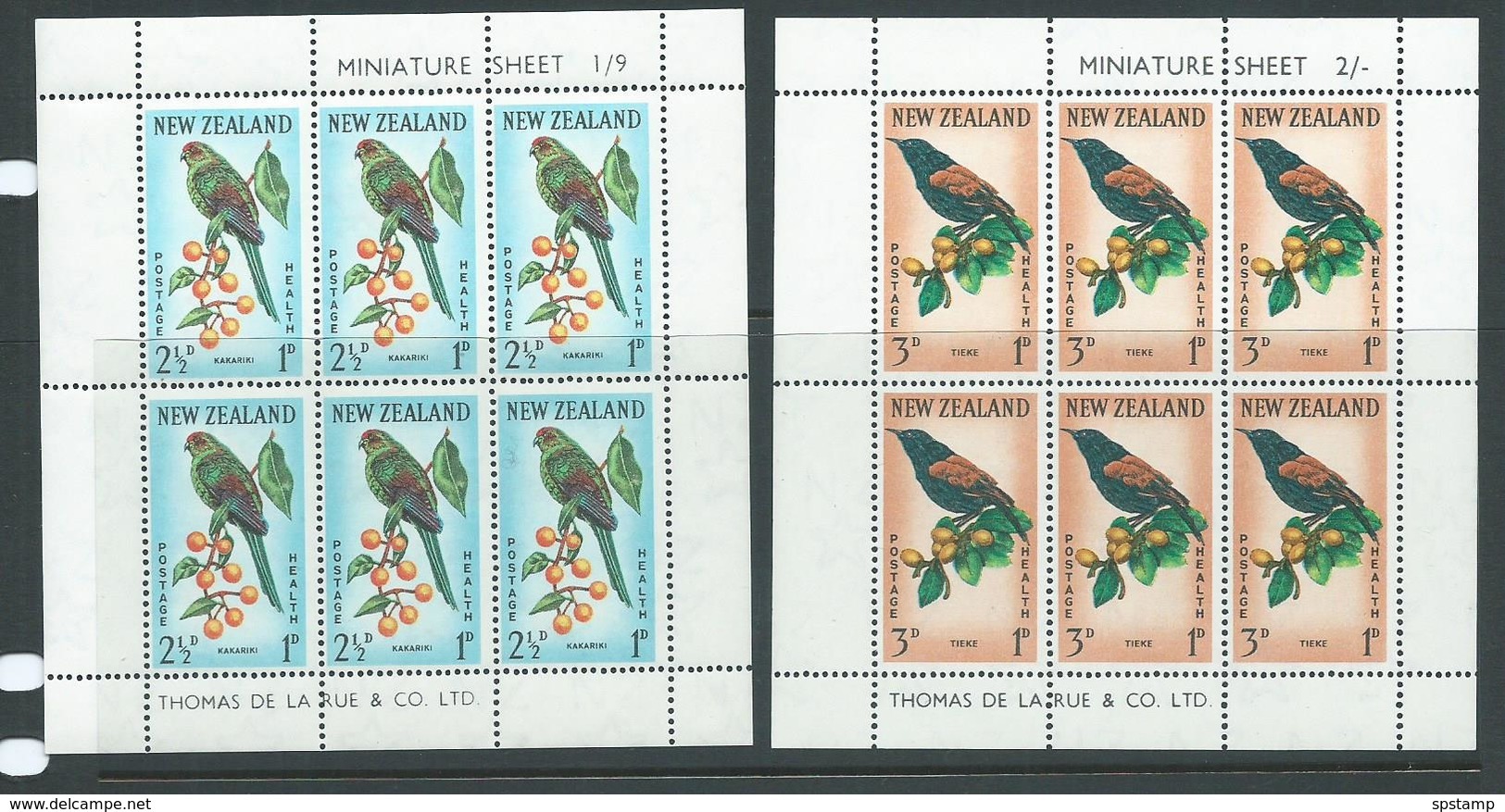 New Zealand 1962 Birds Tieke Kakariki Health Charity Miniature Sheets MNH - Unused Stamps