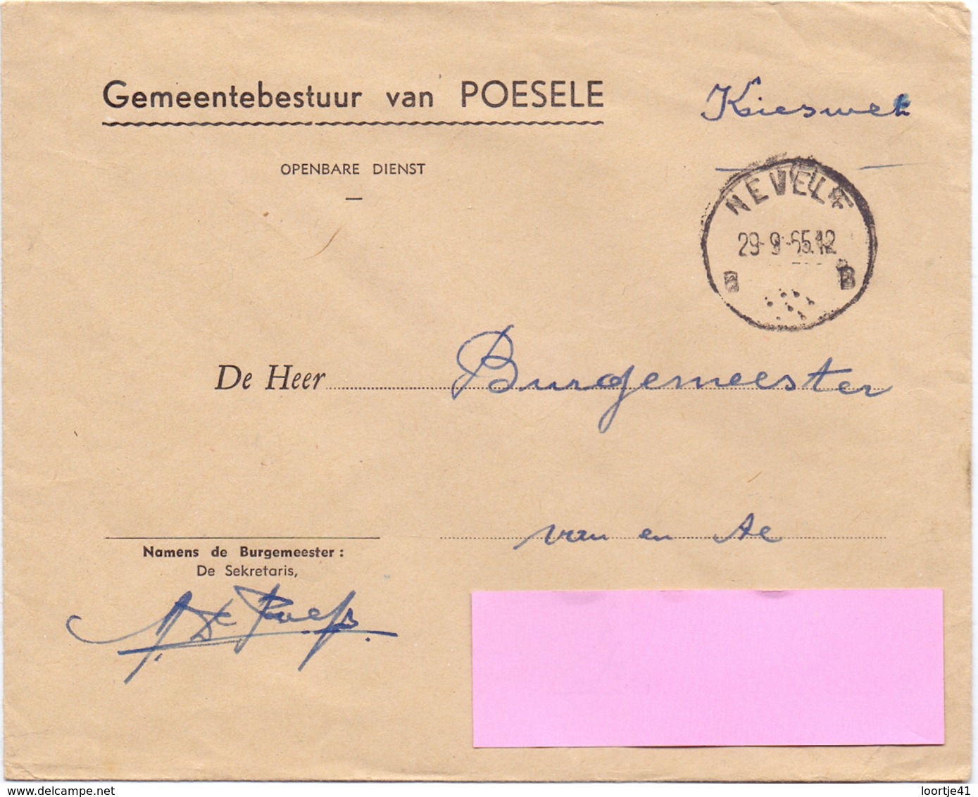 Omslag Enveloppe - Gemeentebestuur Poesele - Stempel  Nevele 1965 - Enveloppes