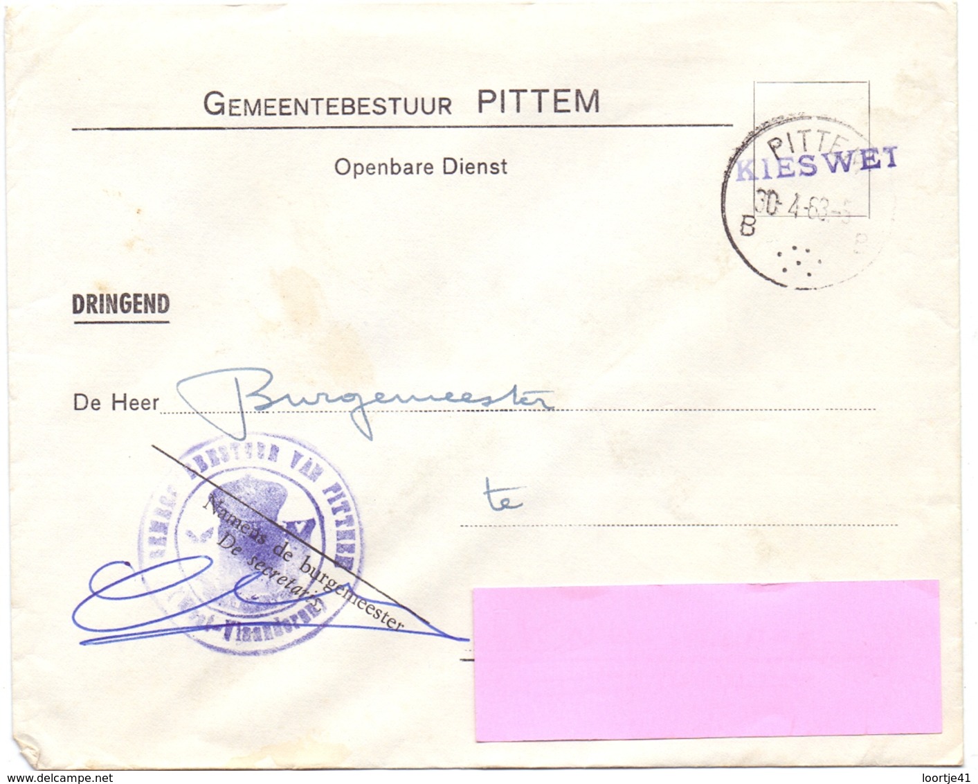 Omslag Enveloppe - Gemeentebestuur Pittem - Stempel 1963 - Enveloppes