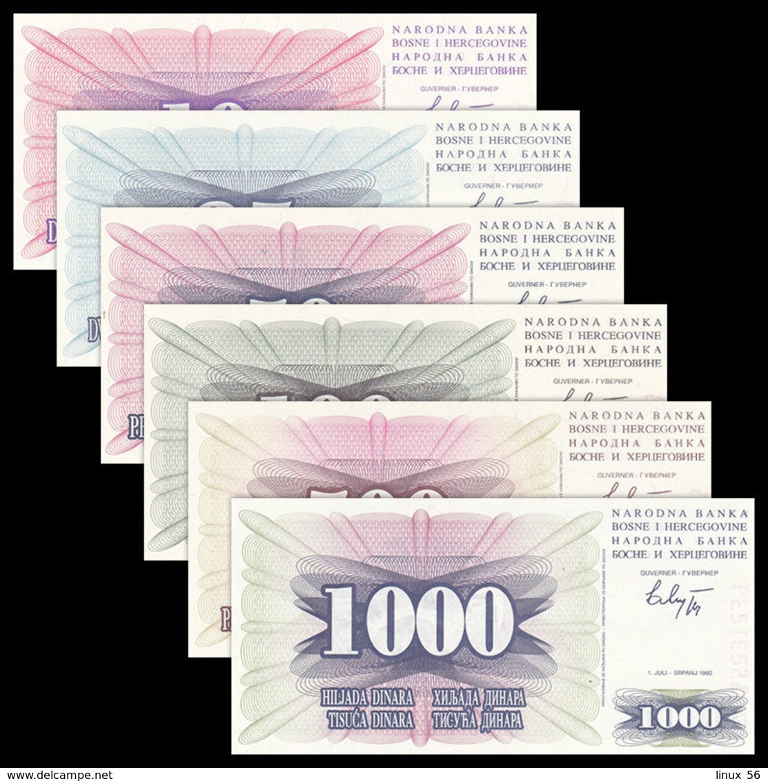 BOSNIA HERZEGOVINA - 10+25+50+100+500+1.000 Dinara 01.07.1992 UNC P.10+11+12+13+14+15 - Bosnia And Herzegovina