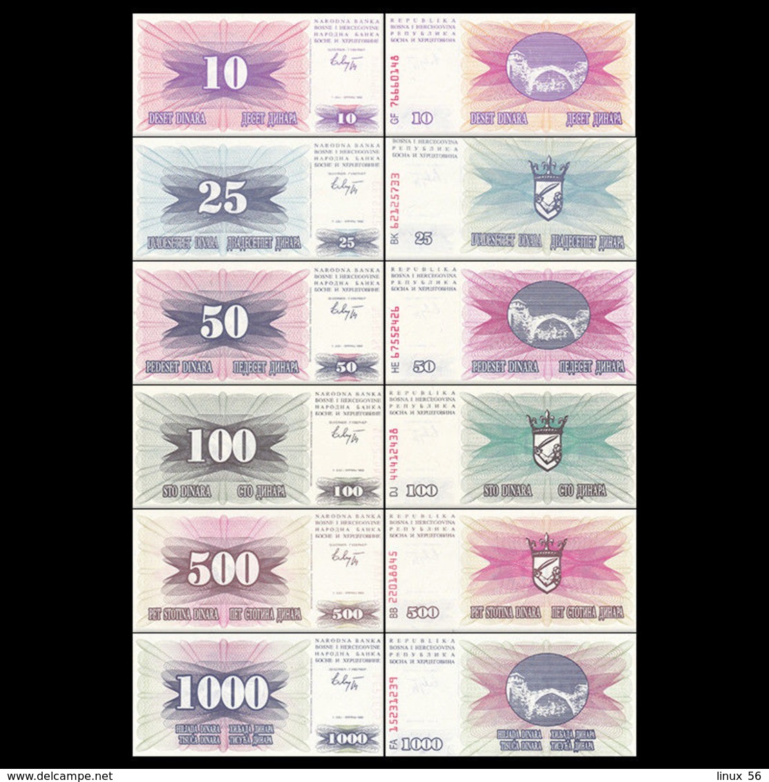 BOSNIA HERZEGOVINA - 10+25+50+100+500+1.000 Dinara 01.07.1992 UNC P.10+11+12+13+14+15 - Bosnia And Herzegovina