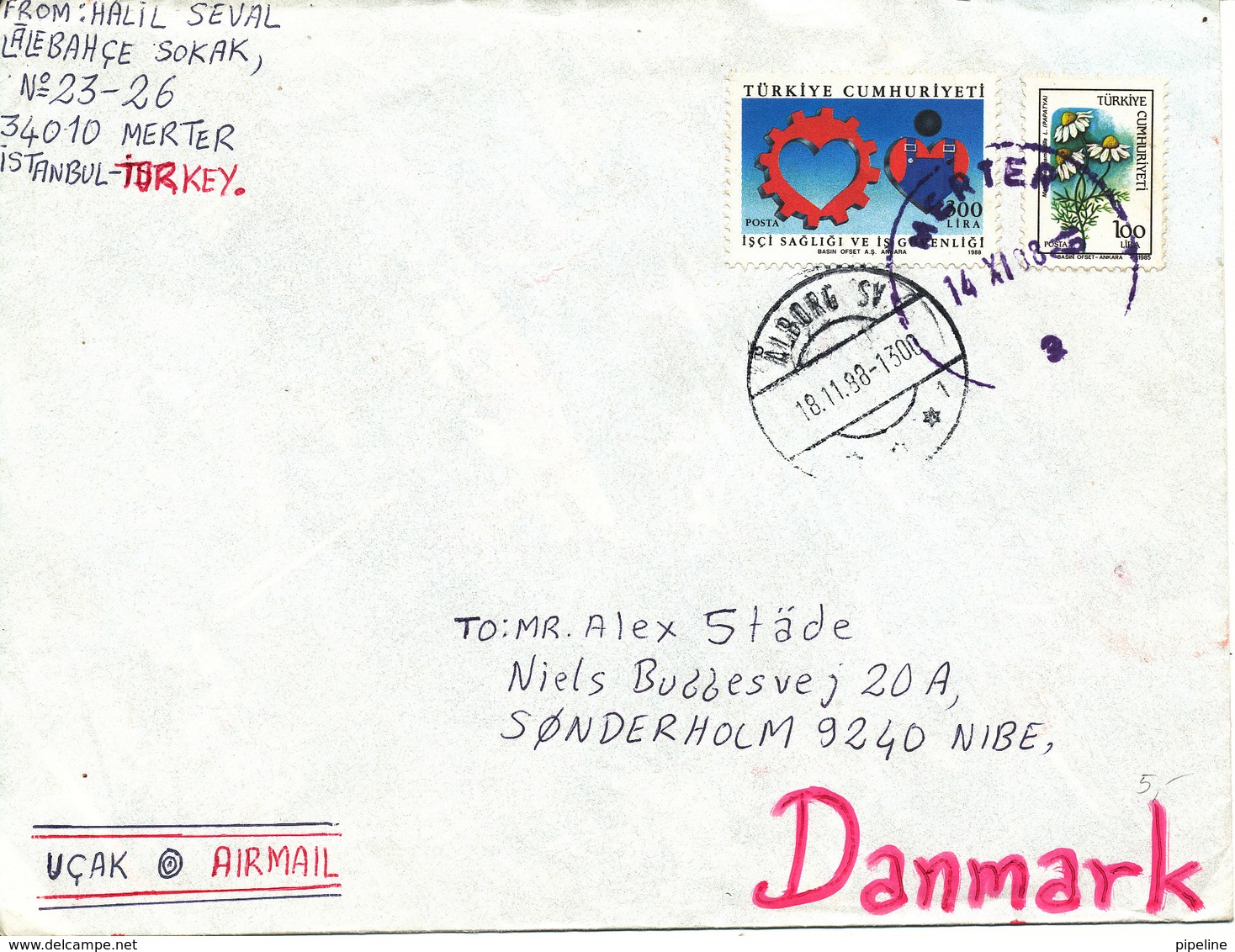 Turkey Cover Sent Air Mail To Denmark 14-11-1988 - Covers & Documents