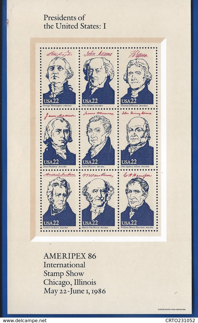 Bloc 9 Timbres  Présidents Of The Untes States: I   Ameripex 1986 - Blocks & Sheetlets