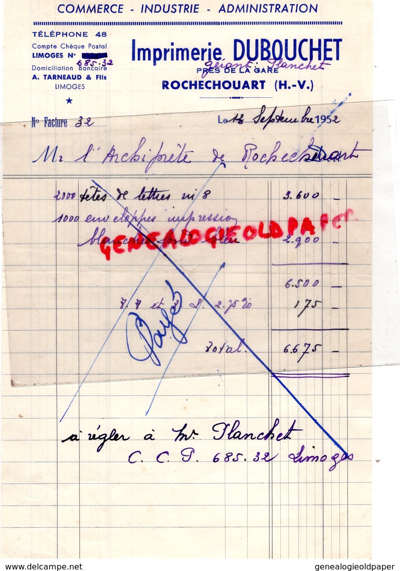 87 - ROCHECHOUART- RARE FACTURE IMPRIMERIE DUBOUCHET GERANT PLANCHET- PRES DE LA GARE- 1952 - Imprenta & Papelería