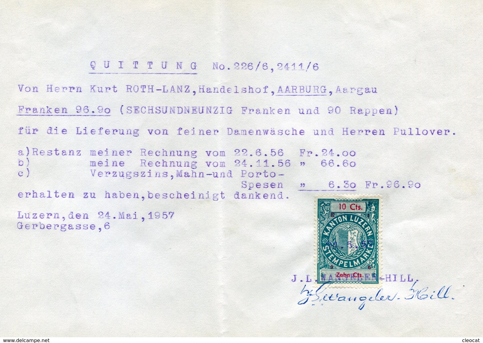 Einzugsauftrag Luzern 1957 - Absender: J.L. Wangeler-Hill - Lettres & Documents