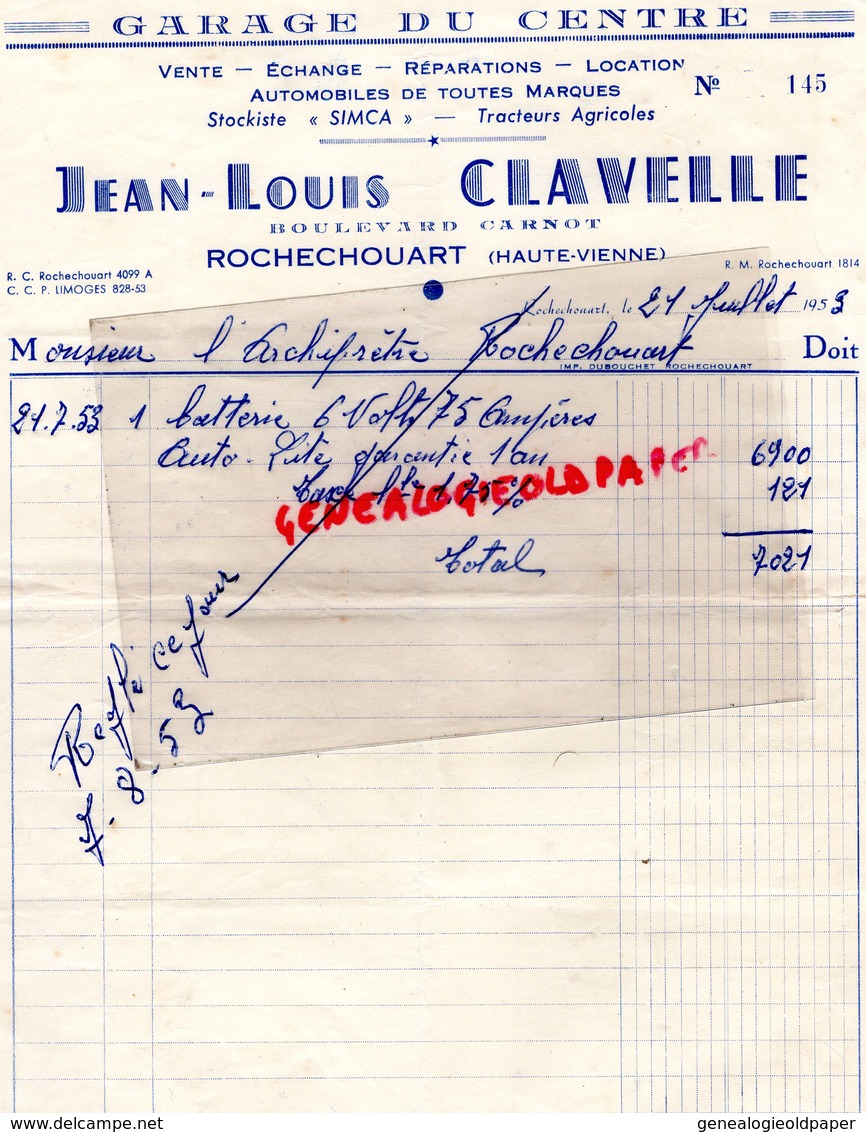 87- ROCHECHOUART- RARE FACTURE JEAN LOUIS CLAVELLE-GARAGE DU CENTRE-SIMCA- BOULEVARD CARNOT-1953 - Automobil
