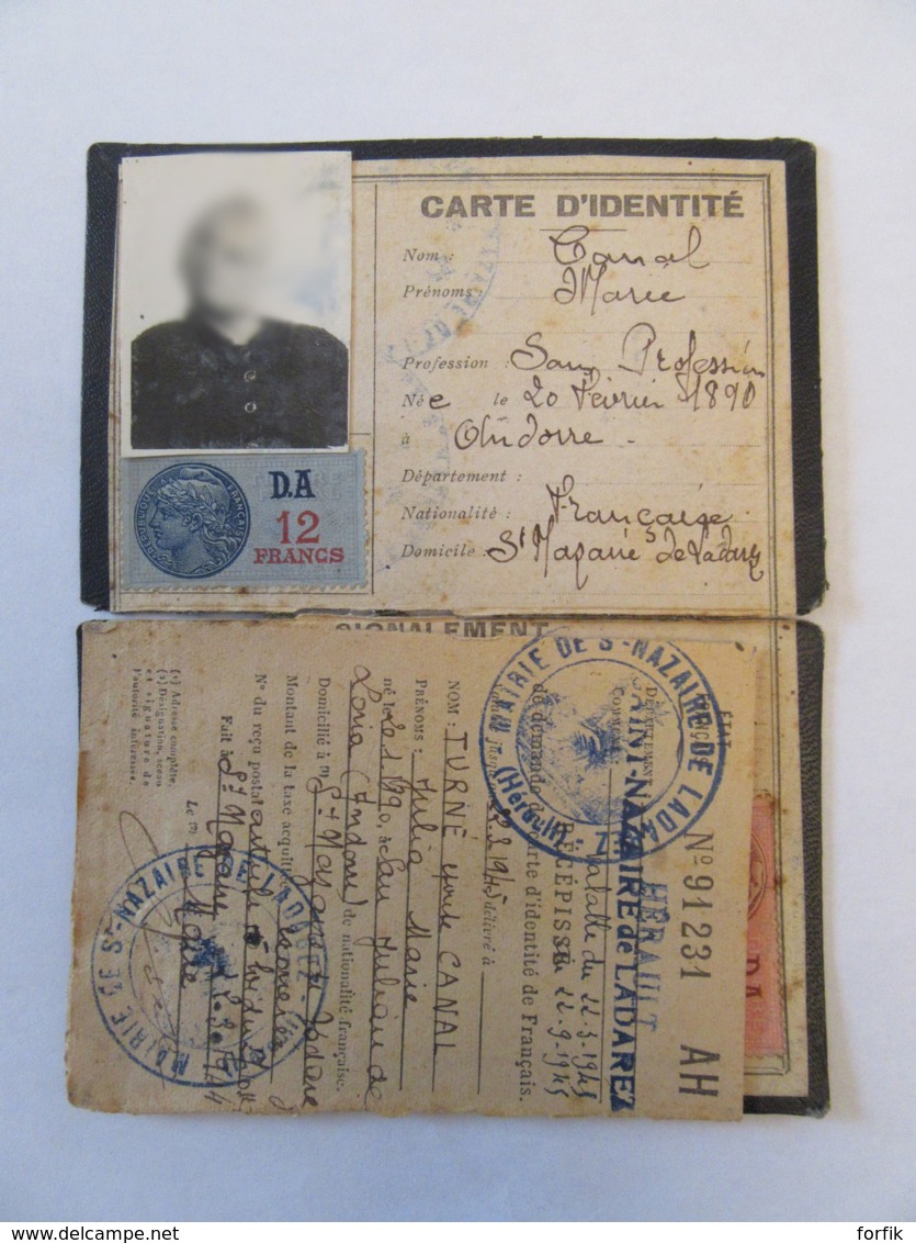 France - Guerre 39-45 - Carte D'identité Datée 1940 + Feuillet Daté Du 2 Mars 1944 - Timbres Fiscaux D.A 1 Et 12 Francs - Documents Historiques