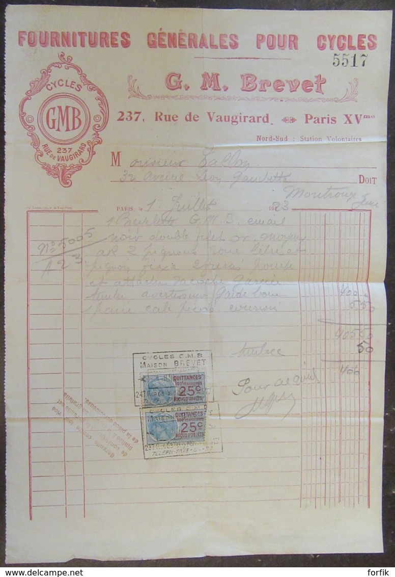 France - Paire De Timbres De Quittances 25c Sur Facture Des Fournitures Générales Pour Cycles G.M. Brevet (GMB) - 1923 - Autres & Non Classés